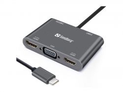 SANDBERG SNB-136-35 :: USB-C докинг станция, 2 x HDMI + VGA + USB + PD, 100W