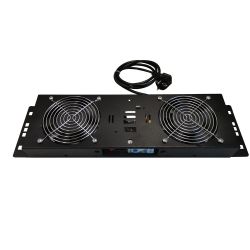 MIRSAN MR.FAN2WT.01 :: Вентилаторен блок за 19" шкаф, 2 вентилатора, on/off, аналогов термостат, черен