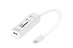 Digitus DA-70243 :: USB 2.0 Type-C 3-портов хъб + четец за карти, алуминиев